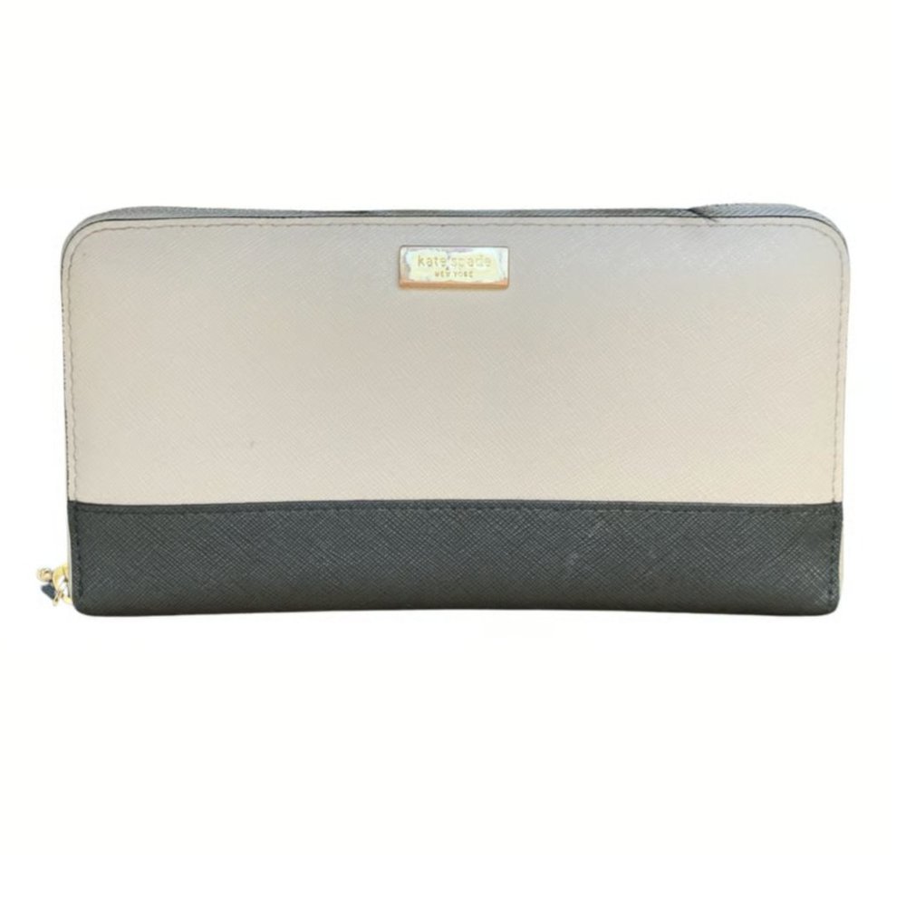 KATE SPADE beige/black Saffiano Leather Zip Wallet